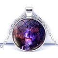 Silver round galaxy pendant necklace with purple nebula patterns on white background - Purple Nebula (JY001051-1)