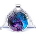 Silver alloy necklace with a round glass pendant featuring a purple galaxy nebula design - Deep Purple Nebula (JY001051-3)