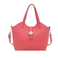 Coral pink leather bucket bag with wavy rim, top handles, and adjustable shoulder strap - Pink