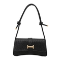 Minimalist black woven leather shoulder bag with vintage gold H buckle and adjustable strap - Black