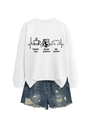 Detail of white sweatshirt with tea, books print and distressed denim shorts - White (Black Letters)