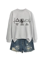 Flat lay of grey sweatshirt with 'DRINK TEA READ BOOKS' print and ripped denim shorts - Grey (Black Print)