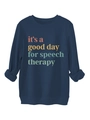 Detail of navy blue sweatshirt with rainbow speech therapy slogan and rolled sleeves - Navy Blue