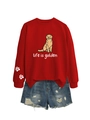 Détail du sweat à col rond rouge avec imprimé Golden Retriever et texte Life is Golden - S / Rouge (Impression Blanche)