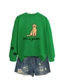Vue à plat d'un sweat vert avec imprimé golden retriever et short en jean - S / Vert Herbe (Imprimé Noir)