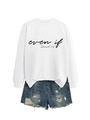 White crewneck sweatshirt detail with even if print and side split hem on plain background - White (Black Font)