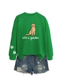 Mise à plat d'un sweat vert avec imprimé golden retriever et short en jean - S / Vert Herbe (Imprimé Blanc)