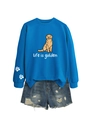 Detail of blue sweatshirt showing life is golden print and paw patterns on sleeves - S / Lake Blue (White Print)