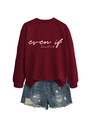 Flat lay of maroon crewneck sweatshirt with letter print and blue distressed denim shorts - Wine Red (White Font)