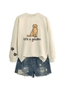 Detail of life is golden golden retriever print on cream sweatshirt with paw sleeve patterns - S / Sand (Black Print)