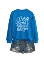 Close-up of cobalt blue sweatshirt with white text and dog paw print graphic - Lake Blue (White Font)