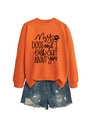 Detailed flat lay of orange crewneck sweatshirt with dog humor text and denim shorts - Orange (Black Font)