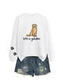 Detail of white crewneck sweatshirt featuring golden retriever print and life is golden text - S / White (Black Print)