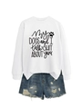 Detail of white cotton sweatshirt with black slogan and denim shorts set in flat lay view - White (Black Font)