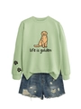 Detail of light green sweatshirt with golden retriever print and life is golden text - S / Olive Green (Black Print)