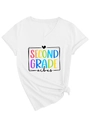 Detail of white V-neck T-shirt featuring colorful Second Grade Vibes print and a knotted hem - S / White (Black Print)