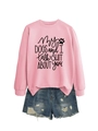 Detailed close-up of pink crewneck sweatshirt with dog-themed graphic print and denim shorts - Pink (Black Font)