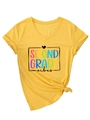Detail of yellow V-neck tee with Second Grade vibes print and stylish front hem knot - S / Yellow (Black Print)