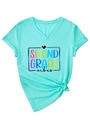 Detail of mint green V-neck T-shirt with Second Grade Vibes graphic and knotted hem - S / Deep Water Blue (Black Print)