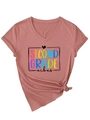 Detail of V-neck T-shirt in dusty rose with Second Grade Vibes graphic and side knot - S / Rose Gold (Black Print)