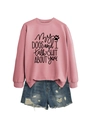 Detail of pink crewneck sweatshirt with My Dogs and I Talk Shit slogan and paw print - Rose Gold (Black Font)