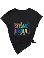Detail of black V-neck T-shirt with rainbow Second Grade vibes print and side knot - S / Black (White Print)