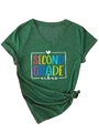 Detail of V-neck T-shirt in dark green with Second Grade Vibes print and hem knot - S / Vintage Green (White Print)
