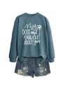 Flat lay of gray sweatshirt with dog theme slogan and distressed denim shorts - Blue (White Font)
