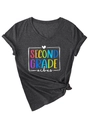 Detailed view of the colorful Second Grade Vibes print on a dark gray V-neck cotton T-shirt - S / Heather Grey (White Print)