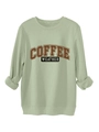 Detailed view of the ribbed cuffs and COFFEE WEATHER print on the sage green sweatshirt - Olive Green