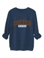 Close-up of the ribbed crewneck and COFFEE WEATHER text on the dark blue thick sweatshirt - Navy Blue
