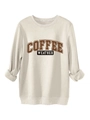 Detail des Coffee-Weather-Grafikdrucks auf einem beigen, dicken Baumwoll-Sweatshirt - S / Sandfarben