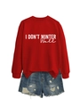 Flat lay of red pullover sweatshirt with white text and ripped denim shorts - S / Tops / Red (White Text)