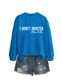 Detail of royal blue pullover sweatshirt featuring white I DON'T WINTER WELL slogan print - S / Tops / Lake Blue (White Text)