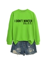 Detail of green crewneck sweatshirt with 'I DON'T WINTER WELL' slogan and denim shorts - S / Tops / Fluorescent Green (Black Text)