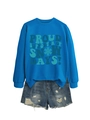 Close-up of royal blue sweatshirt with snow days print and distressed denim shorts - S / Lake Blue