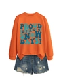 Flat lay of an orange sweatshirt with 'Proud Supporter of Snow Days' print and denim shorts - S / Orange