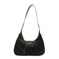 Retro black faux leather crescent shoulder bag with metal buckle and long tassels - Black