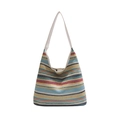 Borsa tote intrecciata a righe colorate con tracolla larga per spiaggia o uso quotidiano - Bianco