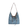 Borsa tote chic in denim blu con motivo a stelle e tracolla in pelle marrone - Marrone