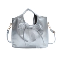 Silver metallic shoulder bag with large bow and lace trim, vintage bucket style with strap - Silver