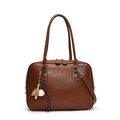 Brown litchi grain PU leather Boston bag with dual handles and baseball charm accessory - Brown with Pendant