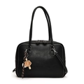 Retro black tote bag with white contrast stitching and baseball charm in matte leather - Black With Pendant