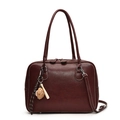 Retro burgundy leather boston handbag with white contrast stitching and baseball charm - Wine Red with Pendant