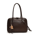 Dark brown lychee pattern leather Boston bag with white stitching and baseball charm - Coffee With Pendant