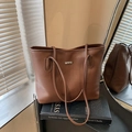 Large brown lychee grain leather tote bag for women with minimalist silver metal logo - Brown