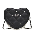 Black heart-shaped quilted handbag with elegant pearl embellishments and bow charm - Black
