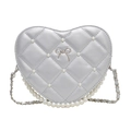 Quilted heart-shaped silver shoulder bag with pearls and a metallic bow detail - Silver