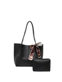 Elegant black faux leather tote bag set with decorative printed silk scarf and small pouch - Tote Bag And Pouch / Black