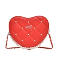 Red heart-shaped quilted bag with white pearl accents and silver bow buckle strap - Red